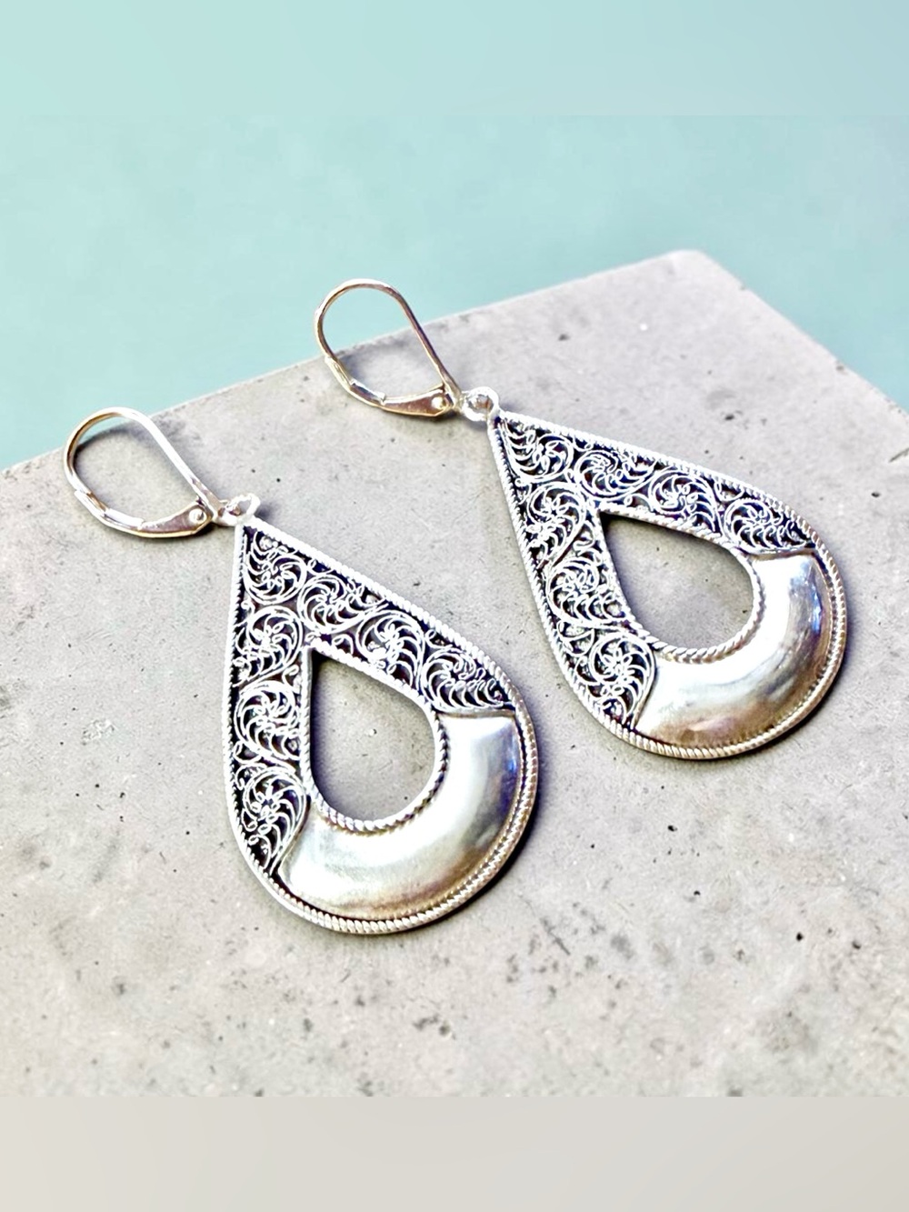 Ornate Sterling Silver Teardrop Filigree Dangle Earrings from Tibet